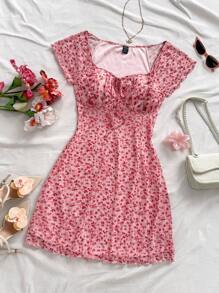 Soleia 女款花卉印花束腰荷葉袖連身裙 - 彩色 - 查看 7