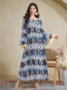 Al Najma Vestido de mujer con diseño de botones y manga acampanada con estampado floral, estilo vacacional - Azul - Ver 4