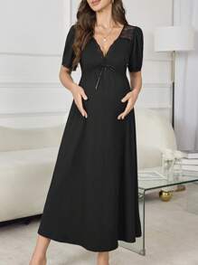 Moonlight & Mama Maternity Deep V-Neck Lace Patchwork Waist Flare Hem Long Nightgown'