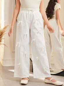 SHEIN Tween 女童休闲度假简约 3D 蝴蝶结宽腿直筒裤，白色 - 白色 - 查看 4