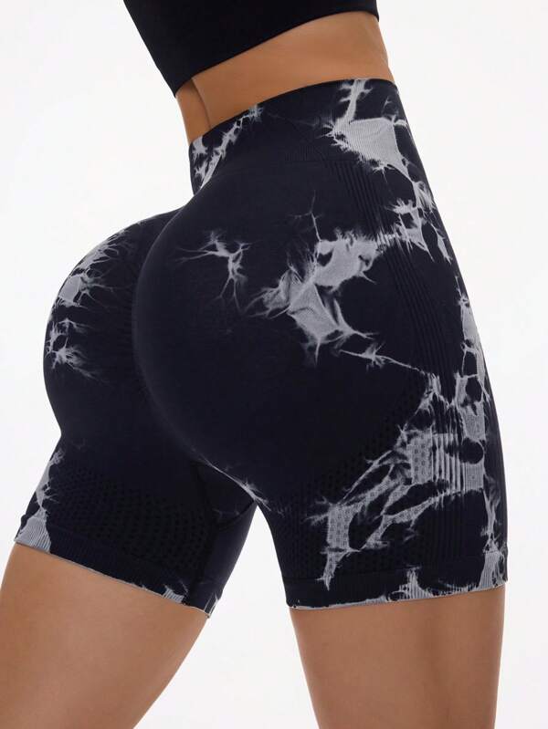 SHEIN Sport Studio Pantaloni scurți sport fără cusături, la modă Tie-Dye, cu talie înaltă