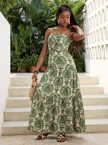 SHEIN Teen Girls' Green Loose A-Line Long Dress With Puff Sleeves, Casual Holiday Traditional Print, Suitable For Beach, Boho, Summer Vacation, Music Festival, Bohemian, Holiday Dates, Afternoon Tea - Green - View 5