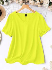 EMERY ROSE Áo sơ mi nữ cổ chữ V tay ngắn màu xanh neon trơn cỡ lớn thường ngày - Màu vàng - Xem 1