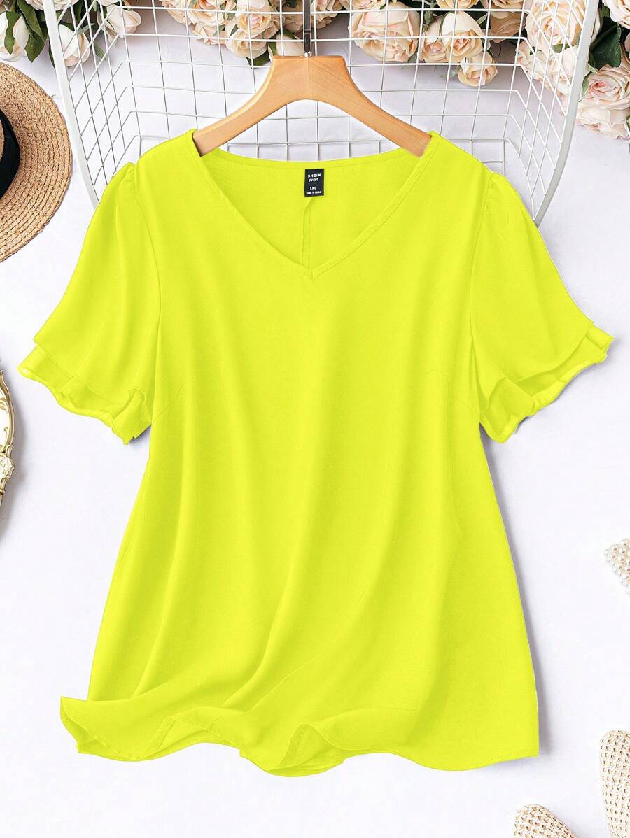 EMERY ROSE Áo sơ mi nữ cổ chữ V tay ngắn màu xanh neon trơn cỡ lớn thường ngày - Màu vàng - Xem 1
