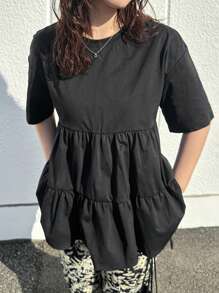 FRIFUL Camiseta negra holgada y casual para mujer, ropa de verano, top tipo babydoll