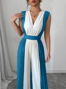 Elenzga Women's Pleated V-Neck Fitted Waist Wide Leg Jumpsuit, Casual Elegant For Commuting And Holiday - Royal Blue - View 4