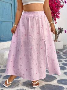 SHEIN VCAY 大码女式休闲条纹蝴蝶结印花侧开衩半身裙 - 彩色 - 查看 6