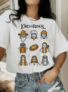 The Lord of the Rings X SHEIN 女士休闲宽松卡通人物图案圆领短袖T恤，适合夏季，白色