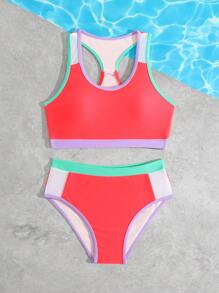 SHEIN Tween Girl Contrast Trim Bikini Set, For Vacation - Watermelon Pink - View 3