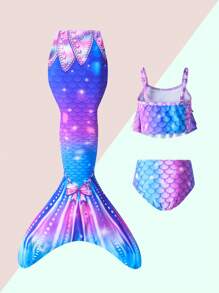 Conjunto de traje de baño con estampado aleatorio de escamas de pez para niñas jóvenes