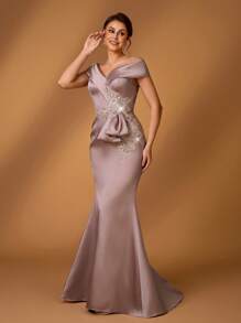 Serin Elegant Luxurious Pearl Diamond Embroidery Lace Applique Satin Off-Shoulder Fishtail Dress, Suitable For Weddings, Parties, Vacations, Balls, Mother Of The Bride Gown, Valentine's Day - Light Grey - View 6