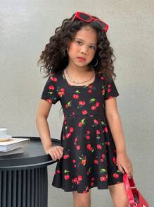 Girl's Form-Fitting Knit Jumpsuit With Cherry Pattern, Square Neck Dress Style Jumpsuit,Anti-Exposure Inner Short,Sport Style,School Daily Wear.
