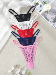 SHEIN 5pcs/Set Women Lace Floral Sexy Comfortable Thong Panties - Multicolor - View 3