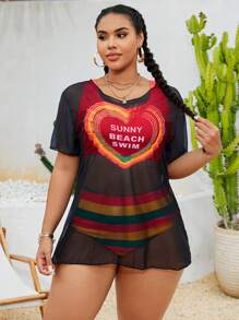 Slaydiva Plus Size Women's 3 Piece Set Patterned Sheer Cover Up, Adjustable Strap Top And High Waisted Bottoms Swimsuit For Summer Beach Vacation - Multicolor - View 6