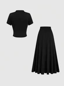 SHEIN Clasi 2 stuks Plus Size Elegante Forensen Effen Kleur Staande Kraag Gerimpelde Korte Mouw Top En Rok Set