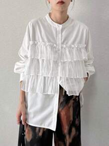 FRIFUL Women's White Ruffled Layered Blouse, Spring/Summer Clothing Long Sleeve Women Tops - White - View 6