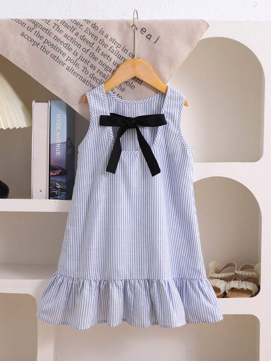 Young Girl Color Block Round Neck Fitted Casual Dress - Blue - View 1
