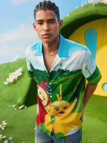 Teletubbies X SHEIN 男士休闲卡通图案前扣短袖衬衫，夏季 - 彩色 - 查看 2