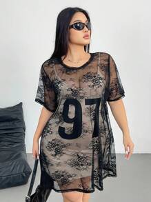 POPSWAY 2pcs/Set Crew Neck Lace Long See-Through Dress With Adjustable Waist And Bodycon Strap Mini Dress - Multicolor - View 4