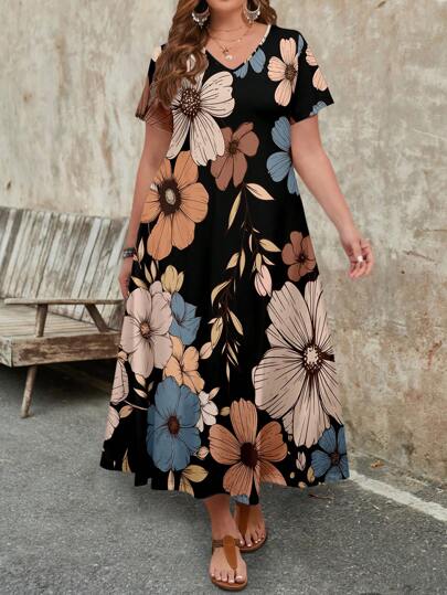 EMERY ROSE فستان طباعة الأزهار الفاخرة لفئة البدينات، كم قصير ياقة على شكل حرف V، مناسب للصيف