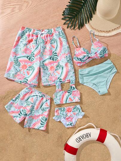 SHEIN 男士度假风格印花梭织面料沙滩短裤，家庭装母子装（4 件单独出售），夏威夷风