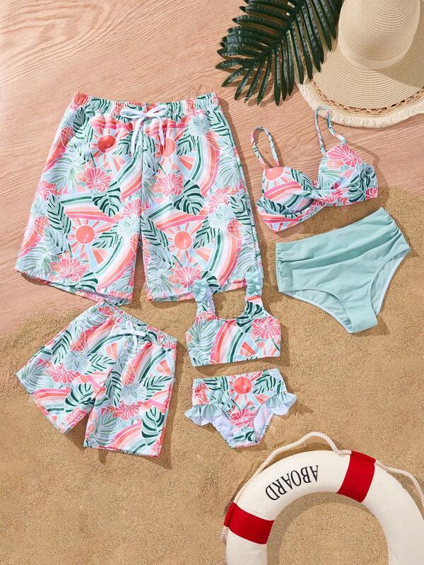 SHEIN 男士度假风格印花梭织面料沙滩短裤，家庭装母子装（4 件单独出售），夏威夷风