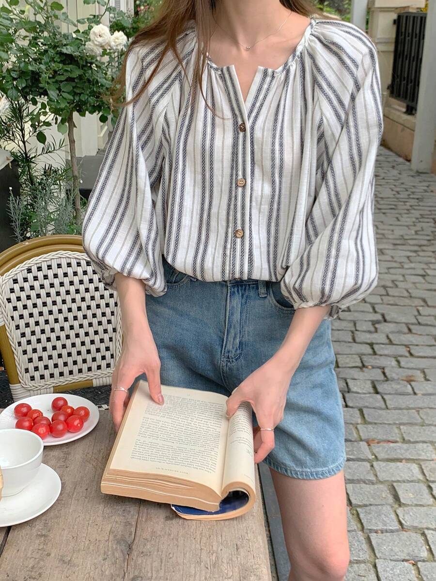 DAZY 女士休闲假日条纹长袖衬衫，夏季