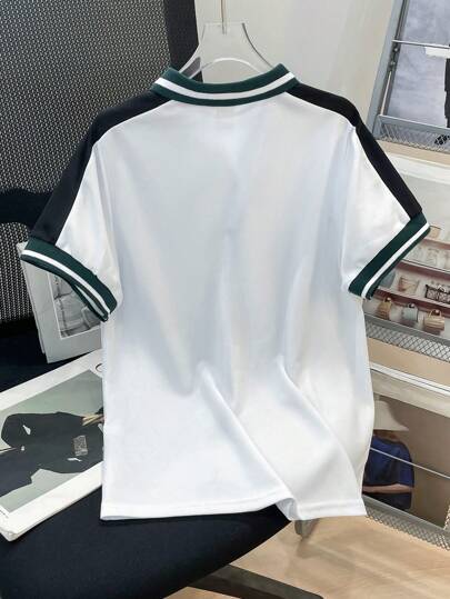 SHEIN Tween Boys' Casual Splice Polo Collar Short Sleeve Polo Shirt, Suitable For Commute, School, Daily Casual, Sports, Spring/Summer
