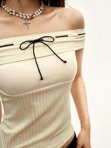 Rina Fox 女士露肩镂空蝴蝶结 T 恤 - 杏色 - 查看 6