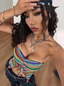 Coolane Women's Summer Vacation Boho Beach Y2K Cute Color-Blocked Crop Slim Fit Tube Top - Multicolor - View 6