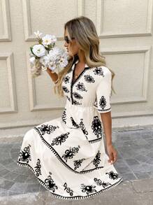 SHEIN LUNE 复活节连衣裙 黑色和杏色数码印花短袖前开中长连衣裙，适合夏季度假 女士白色连衣裙 女士中长连衣裙 女士连衣裙 夏季女装 夏季连衣裙 女士夏季连衣裙 新品 女士连衣裙 演唱会服装 女士度假服装 女士/海滩度假服装 波西米亚风女装 婚礼宾客系带前开连衣裙 - 杏色 - 查看 6