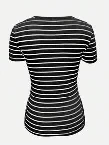 Chiquease Women's Casual Chic Button Placket Striped Short Sleeve T-Shirt - Black - View 2