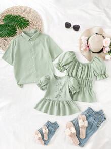 Women's Young Fashion Casual Sweet Style Square Neck Elastic Shoulder Design Ruffle Hem Elasticated Waist Loose Green Bubble Crinkle Short Sleeve Top