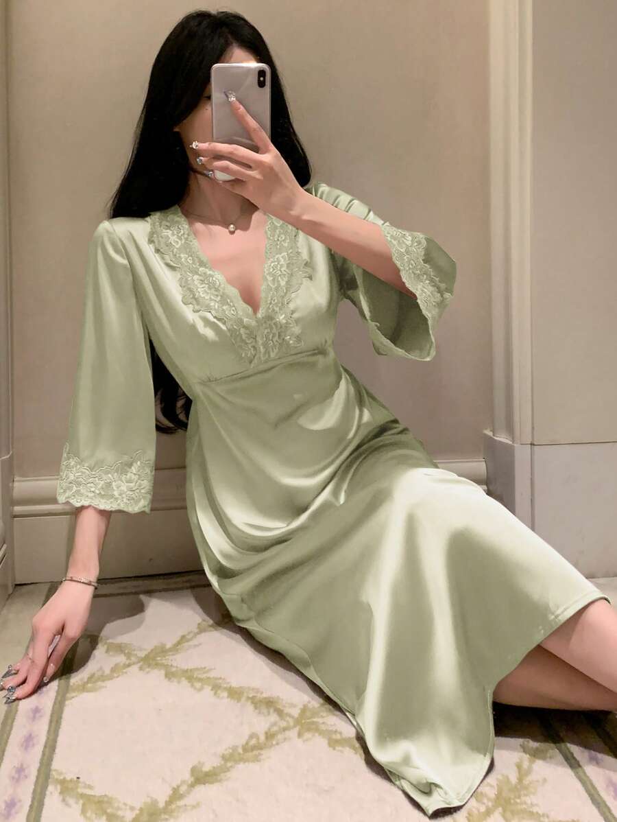 DAZY 女士蕾丝拼接V领露背七分袖睡裙,秋冬款 - 綠色 - 查看 1