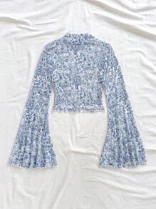 Soleia 女用全身印花立領喇叭袖上衣 - 藍白色 - 查看 2
