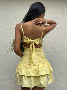 SHEIN Unity Women's Casual Backless Bowknot Ruffle Hem Cami Mini Dress, Holiday