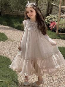 Dazy Kids Young Girl Elegant Patchwork Net Yarn Ruffle Hem Summer Dress,Back To School Clothes - White - View 3