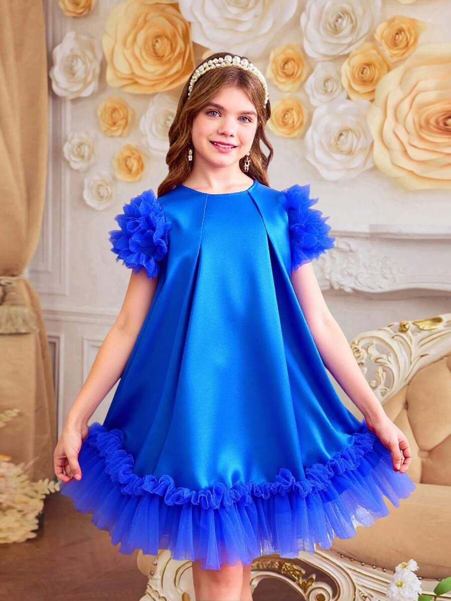 1 buah Gaun Fashion A-Line Lengan Puff Berlapis Ruffle Warna Fuchsia Berkilau untuk Anak Perempuan Remaja, Musim Semi/Panas - Biru - View 1