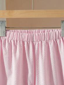 Set de 2 piezas de camisa de manga corta de algodón tejido a rayas con pantalones de pierna ancha para niñas, conjunto informal de primavera/verano para vacaciones - Rosa - Ver 2