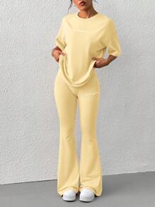 SHEIN EZwear 夏季休闲字母刺绣短袖T恤和喇叭裤两件套 - 黃色 - 查看 5