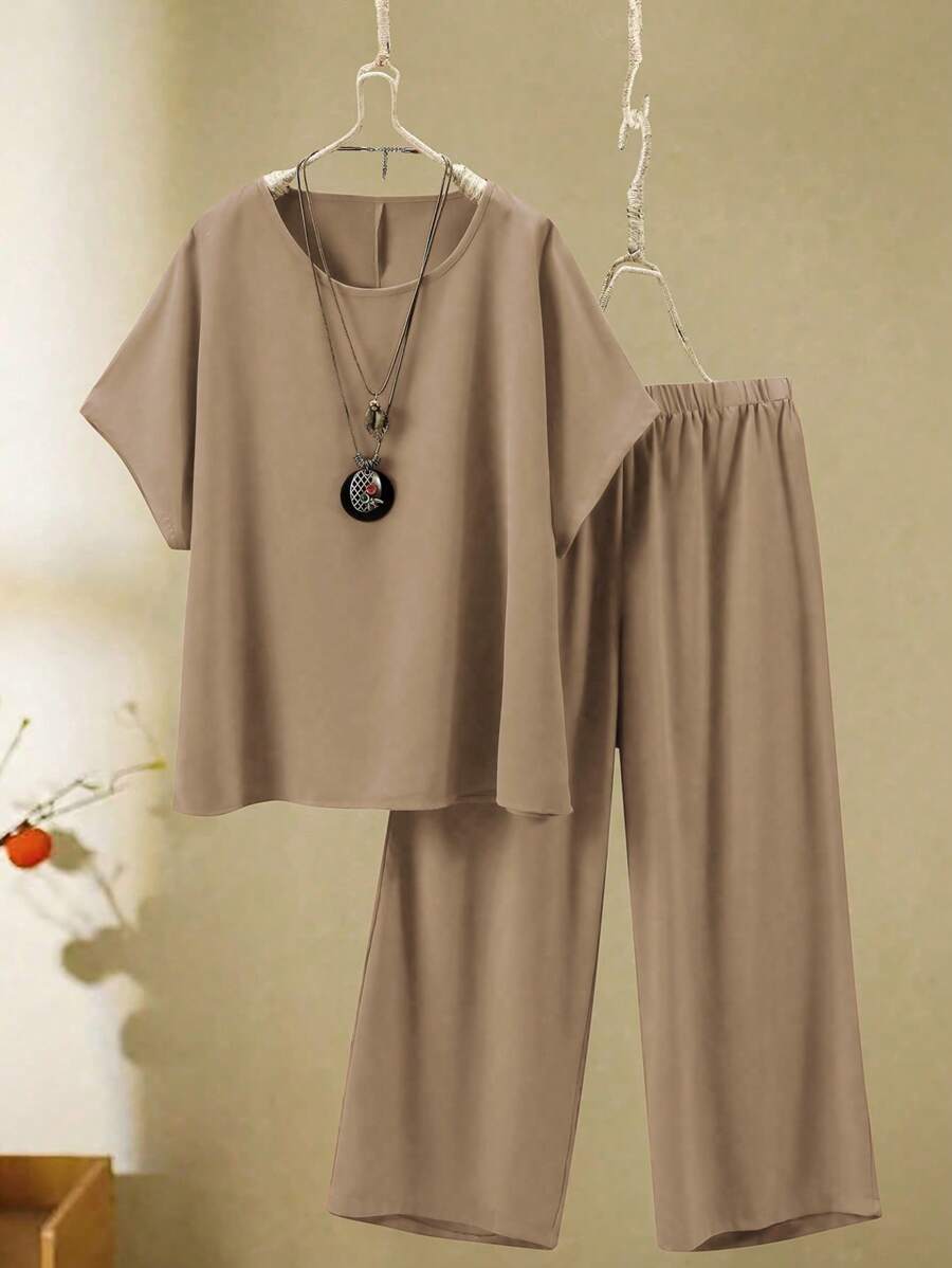 Linhara Conjunto de 2 piezas de talla grande para mujer con parte superior de manga murciélago y pantalones en unicolor, informal - Caqui - Ver 1