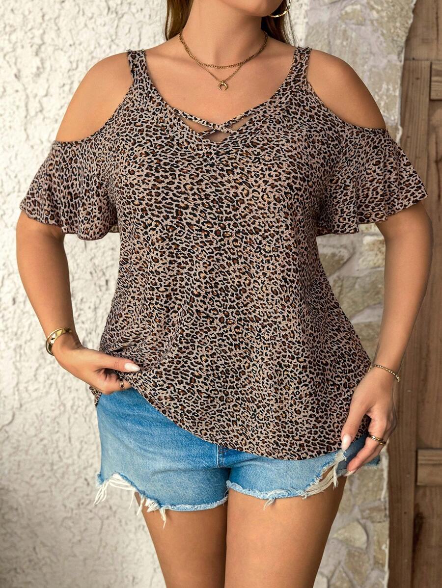 SHEIN LUNE Plus Size Women Leopard Print Open Shoulder Short Sleeve Casual T-Shirt Summer Tops  Vacation Outfits Woman  Cheetah Print