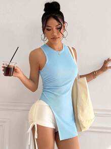 Easithlete Women's Basic Side Slit Yoga Camisole - Blue - View 1