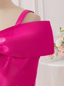 SHEIN Glamorique Kids 青少年女孩优雅纯色蝴蝶结装饰露肩连衣裙 - 玫紅色 - 查看 6