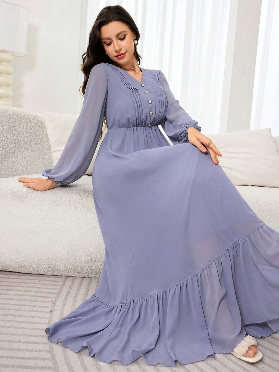Veilorie Vestido elegante de estilo árabe para mujer con cuello en V, mangas farol y pliegues en color liso