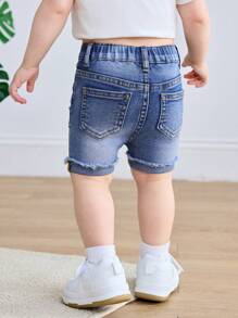 SHEIN Baby Girls' Light Wash Stretchy Denim Shorts With Distressed Detail And Zipper - Light Wash - View 2