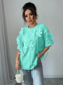 Chiquease Elegant French Style 3D Flower Print Pink Short Sleeve Valentine's T-Shirt For Women - Green - View 6