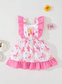 Baby Girls Casual Everyday Bee Print Cap Sleeve Dress, Suitable For Outings Or Comfortable Home Wear, Versatile