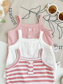 SHEIN 3pcs/Set Newborn Baby Girls Cute Striped Knitted Strap Bodysuit Set, Summer - Pink - View 5