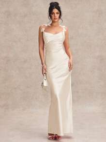 SHEIN BAE 夏季海滩度假 3D 纯色 马卡龙色 柔和色 粉色 针织超长修身婚纱 伴娘服 鸡尾酒会礼服 约会礼服 派对礼服 学校季节礼服 节日礼服 生日礼服 夜间外出礼服 情人节服装 女士夏季服装/春季服装/情人节服装/狂欢节/海滩度假服装，女士夏季连衣裙 - 杏色 - 查看 6